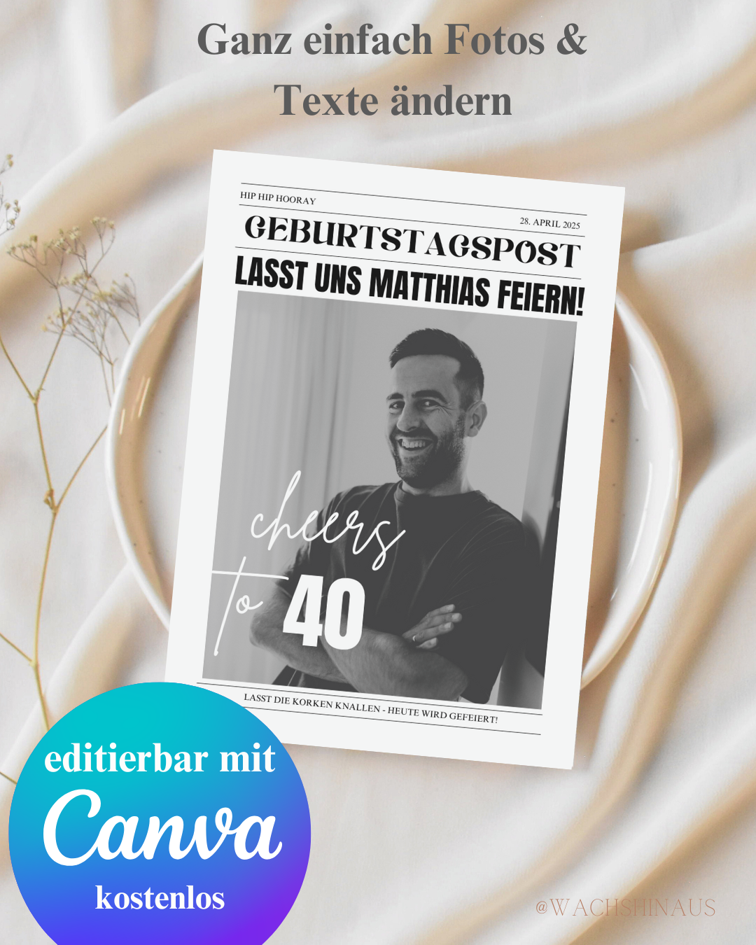 Geburtstagszeitungsvorlage, benutzerdefinierte Zeitung zum Geburtstag-dreißigster Geburtstag, vierzig, fünfzig, Canva Vorlage, Namensposter, 40. Geburtstag, vierzigster Geburtstag