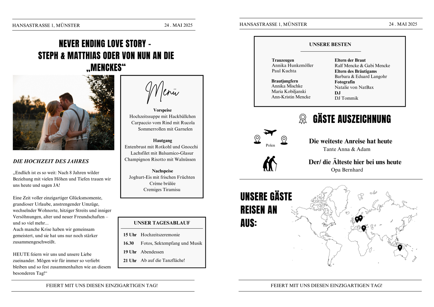 Hochzeitszeitung mit Foto und Programm