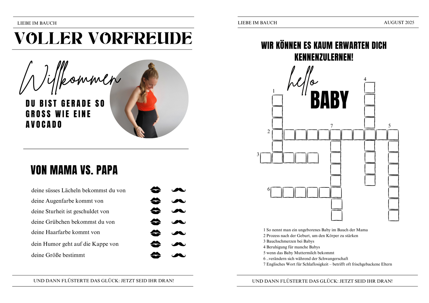 Große Schwangerschaftsankündigung, Zeitungsankündigung für neues Baby, Zeitung-Babyparty, bearbeitbare Canva-Vorlage, Wachshinaus, Babyparty, Zeitung, Hochzeitszeitung
