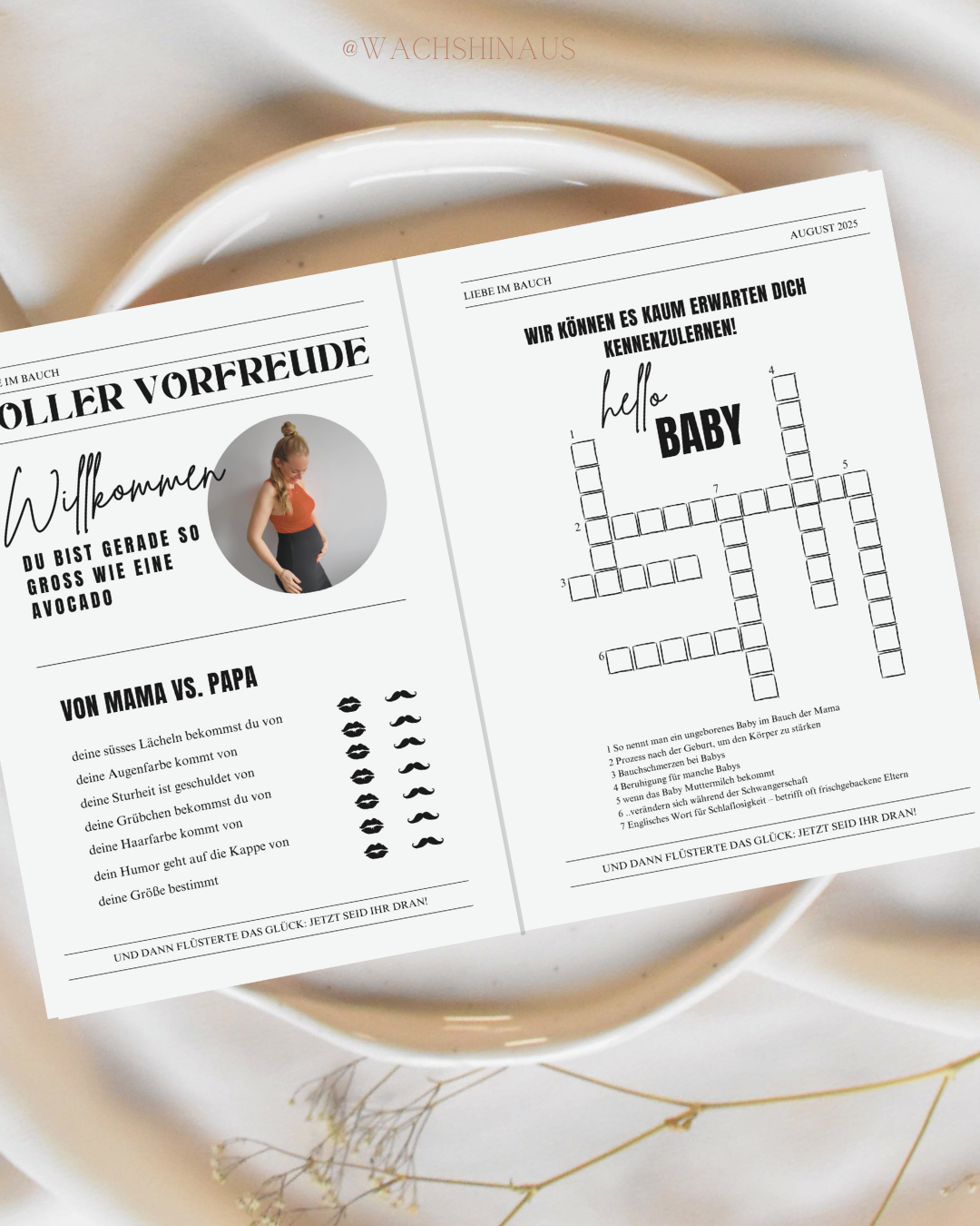 Große Schwangerschaftsankündigung, Zeitungsankündigung für neues Baby, Zeitung-Babyparty, bearbeitbare Canva-Vorlage, Wachshinaus, Babyparty, Zeitung, Hochzeitszeitung
