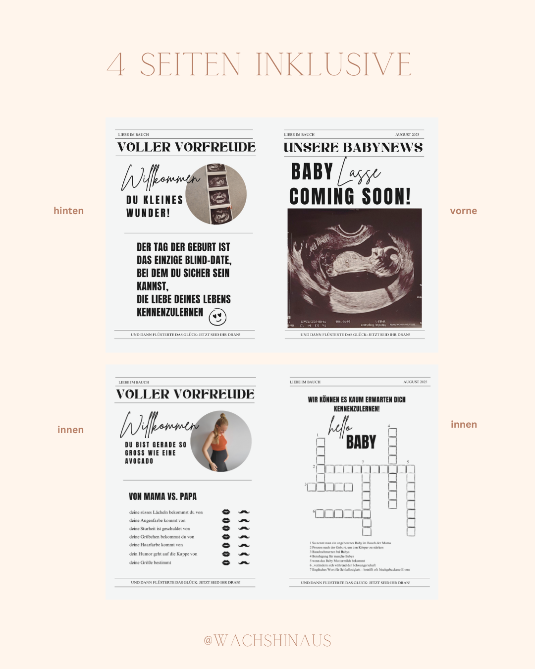 Große Schwangerschaftsankündigung, Zeitungsankündigung für neues Baby, Zeitung-Babyparty, bearbeitbare Canva-Vorlage, Wachshinaus, Babyparty, Zeitung, Hochzeitszeitung