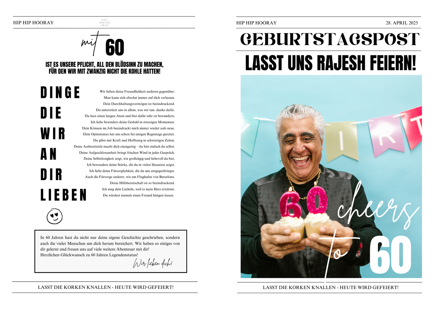 Personalisierbare Geburtstagszeitung zum runden Geburtstag – moderne Printable-Vorlage zum Ausfüllen mit Fotos, Fragen, Anekdoten und Rätseln. 50, Geburtstag, 60. Geburtstag
