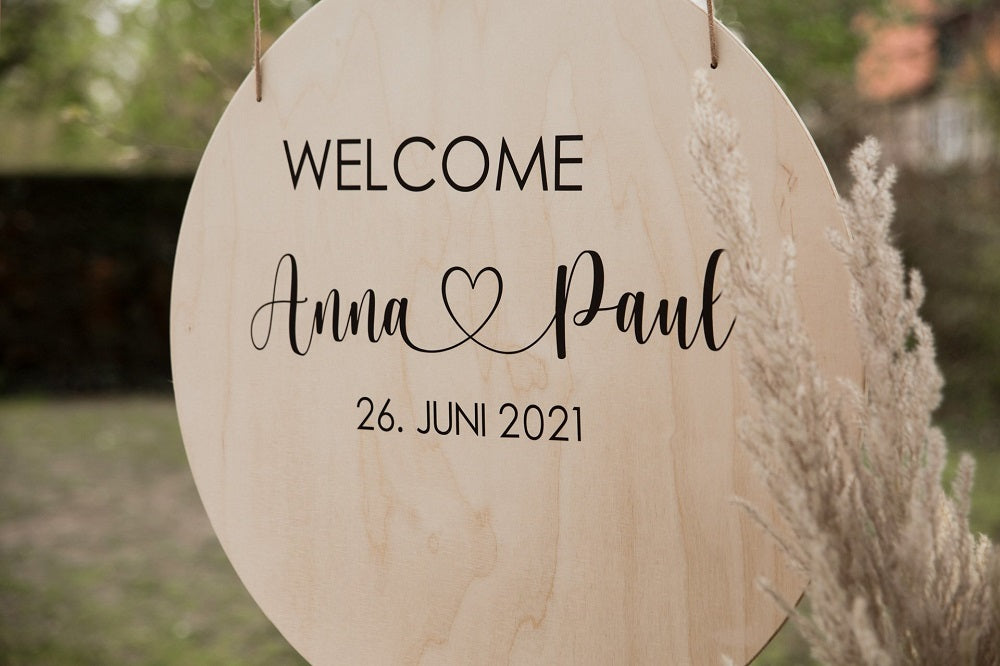 Personalisiertes Willkommensschild zur Hochzeit aus Holz rund - Wachshinaus Hochzeitsgeschenk,Hochzeitsverleih