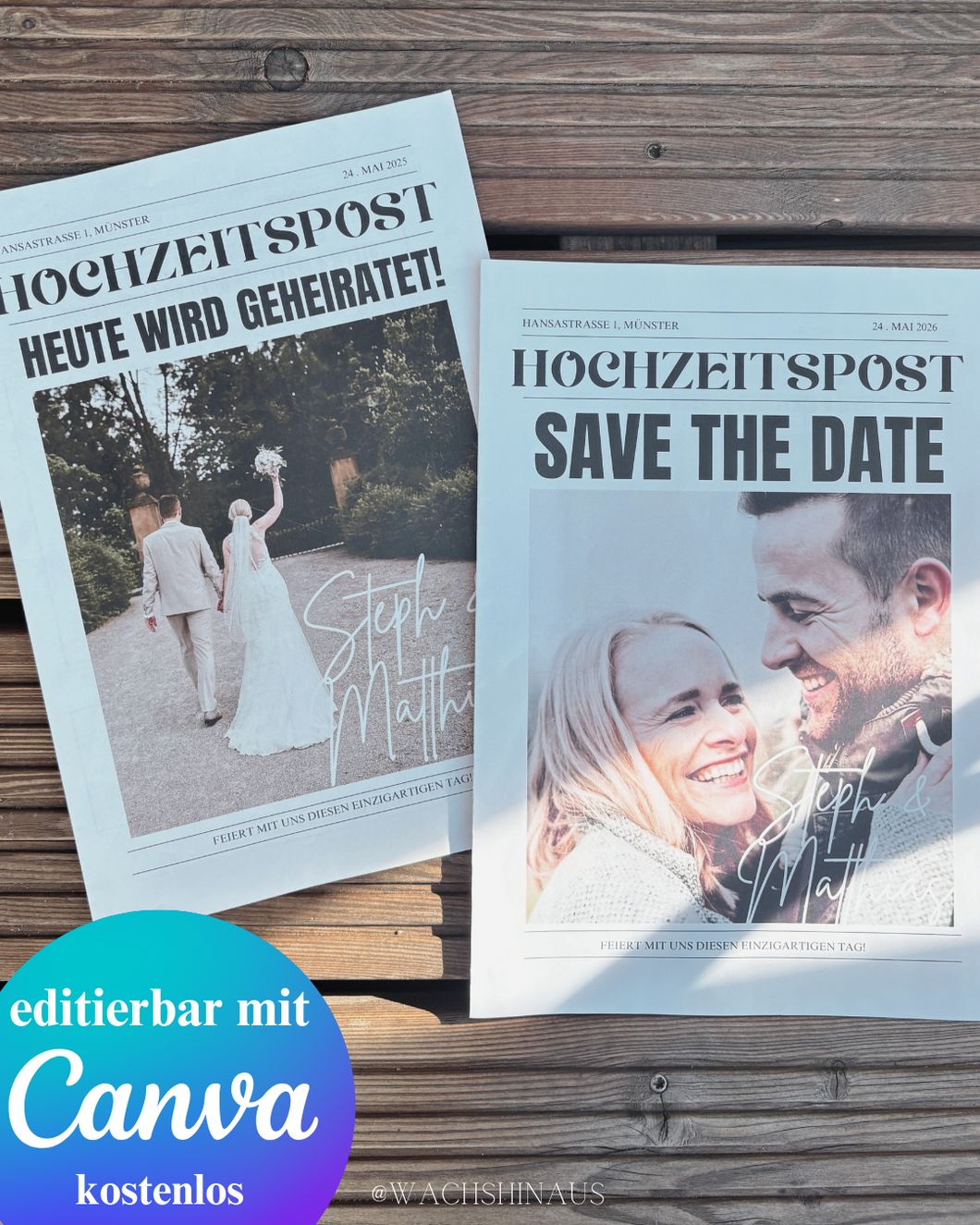 save the date Hochzeitszeitung, Hochzeitseinladung, Hochzeitsideen, Zeitungsvorlage Canva template, Save the date karte, Hochzeitsinspiration