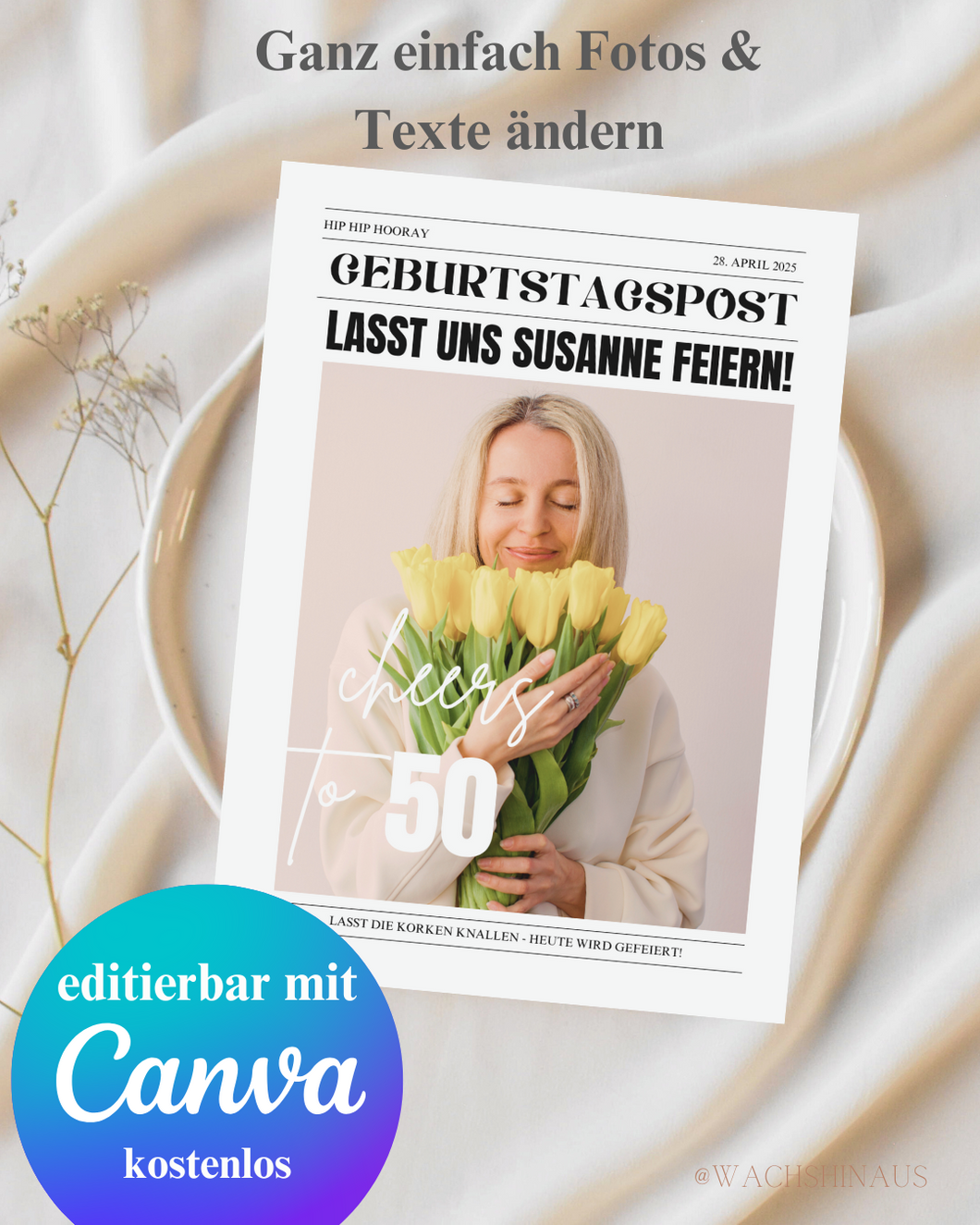 Zeitungsvorlage 50. Geburtstag, runder Geburtstag, Zeitung, Newspaper, Geschenkidee 50. ,Geburtstagspost,Canva Template, Party