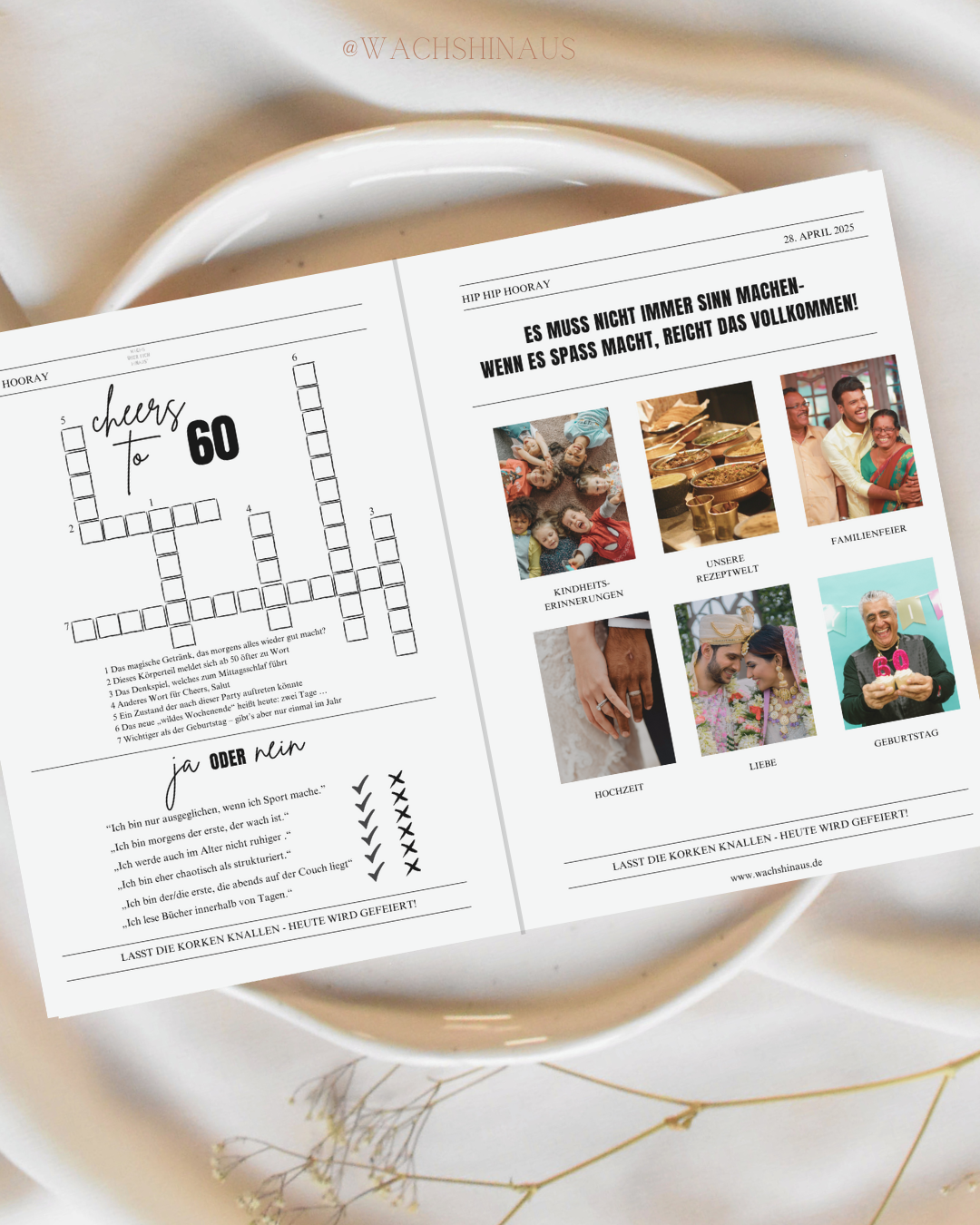 Personalisierbare Geburtstagszeitung zum runden Geburtstag – moderne Printable-Vorlage zum Ausfüllen mit Fotos, Fragen, Anekdoten und Rätseln. 50, Geburtstag, 60. Geburtstag