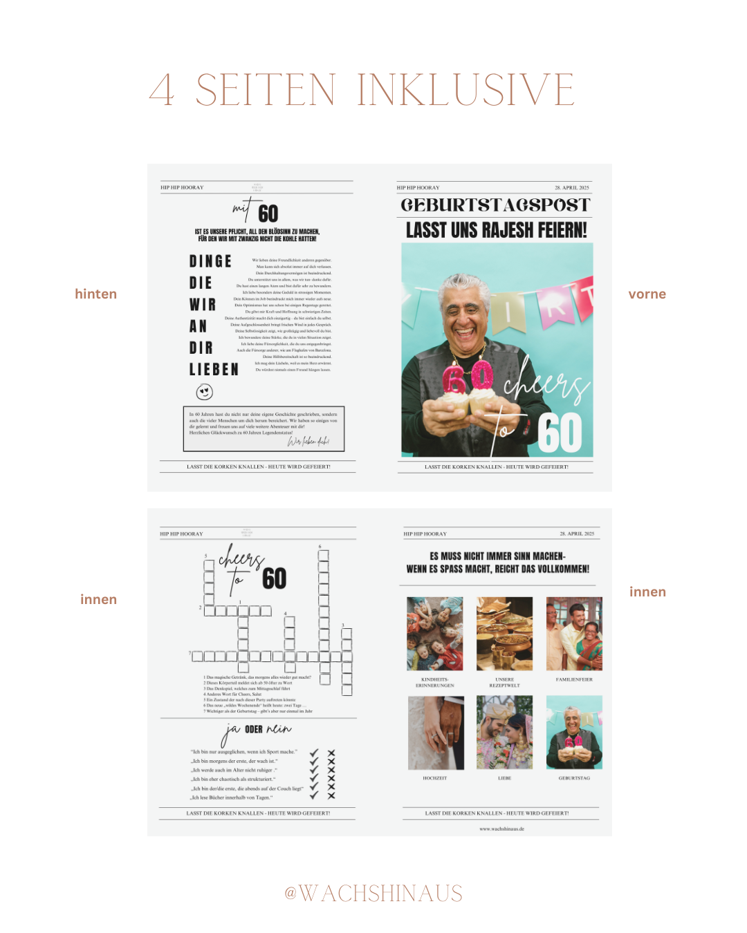 Personalisierbare Geburtstagszeitung zum runden Geburtstag – moderne Printable-Vorlage zum Ausfüllen mit Fotos, Fragen, Anekdoten und Rätseln. 50, Geburtstag, 60. Geburtstag