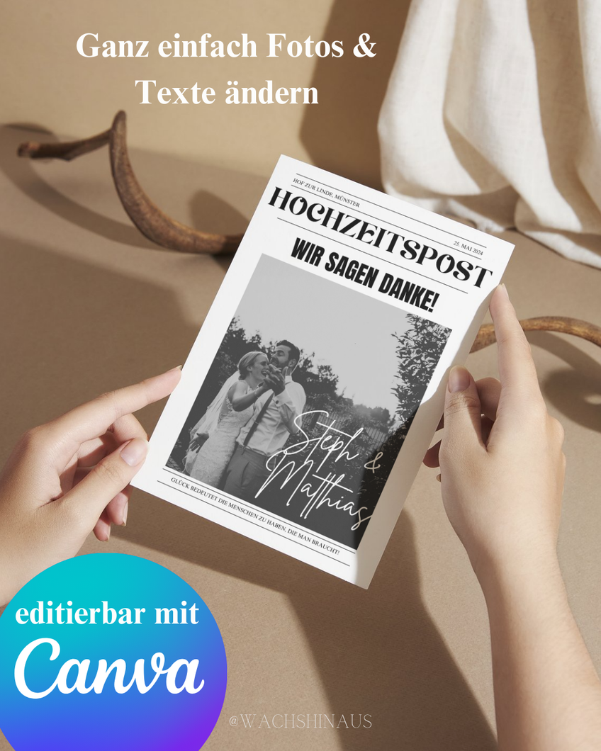 Hochzeit Zeitung Dankeskarte | Einzigartige Hochzeit Danke | Bearbeitbares Canva Template | Modern Minimalistisch | Hochzeitsvorlagen