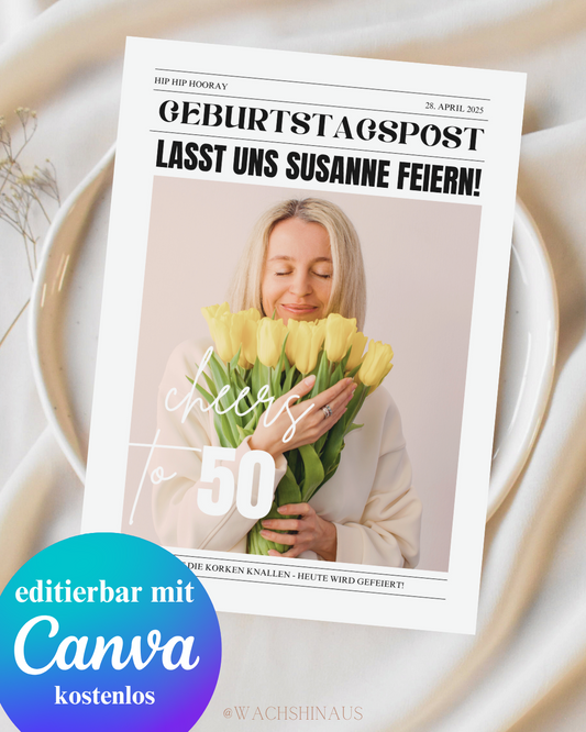 Zeitungsvorlage 50. Geburtstag, runder Geburtstag, Zeitung, Newspaper, Geschenkidee 50. ,Geburtstagspost,Canva Template, Party
