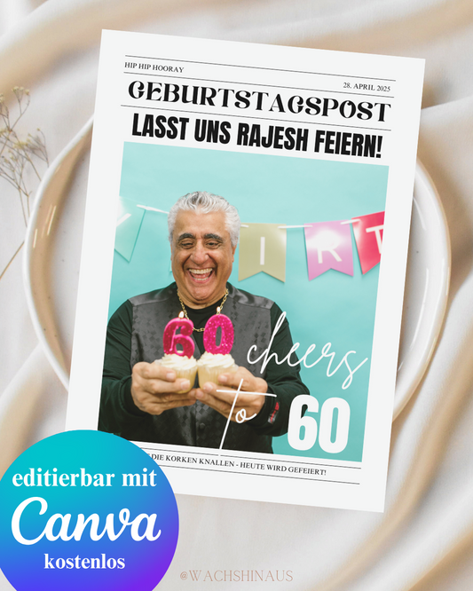 Personalisierbare Geburtstagszeitung zum runden Geburtstag – moderne Printable-Vorlage zum Ausfüllen mit Fotos, Fragen, Anekdoten und Rätseln. 50, Geburtstag, 60. Geburtstag