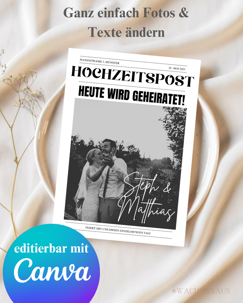 Hochzeitszeitungsvorlage mit Foto, Hochzeitszeitungsvorlage, Hochzeitsprogramm, Brautzeiten, bearbeitbarer Zeitungsreiseplan, Ehe