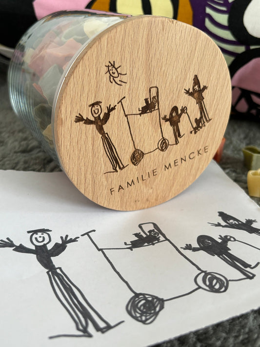 GeschenkzuWeihnachten, Vorratsglas mit Kinderzeichnung, Vorratsdose personalisiert aus Holz von Wachshinaus