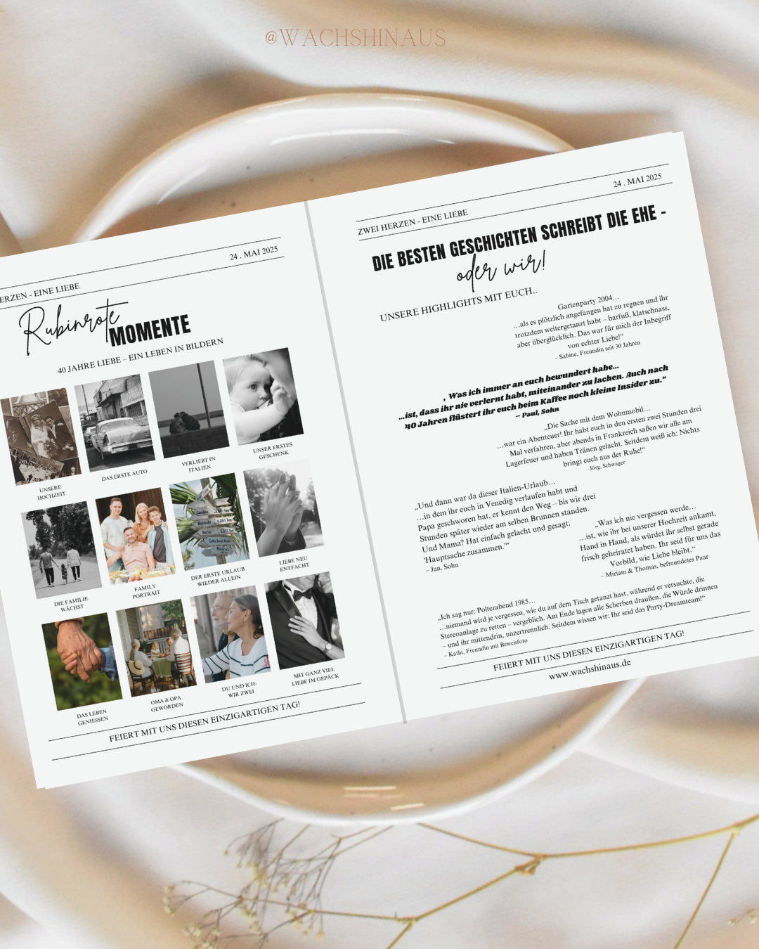 Personalisierbare Jubiläumszeitung als Canva-Vorlage – kreatives Printable zur Hochzeit oder zum Ehejubiläum mit Fotos, Geschichten und persönlichen Inhalten
