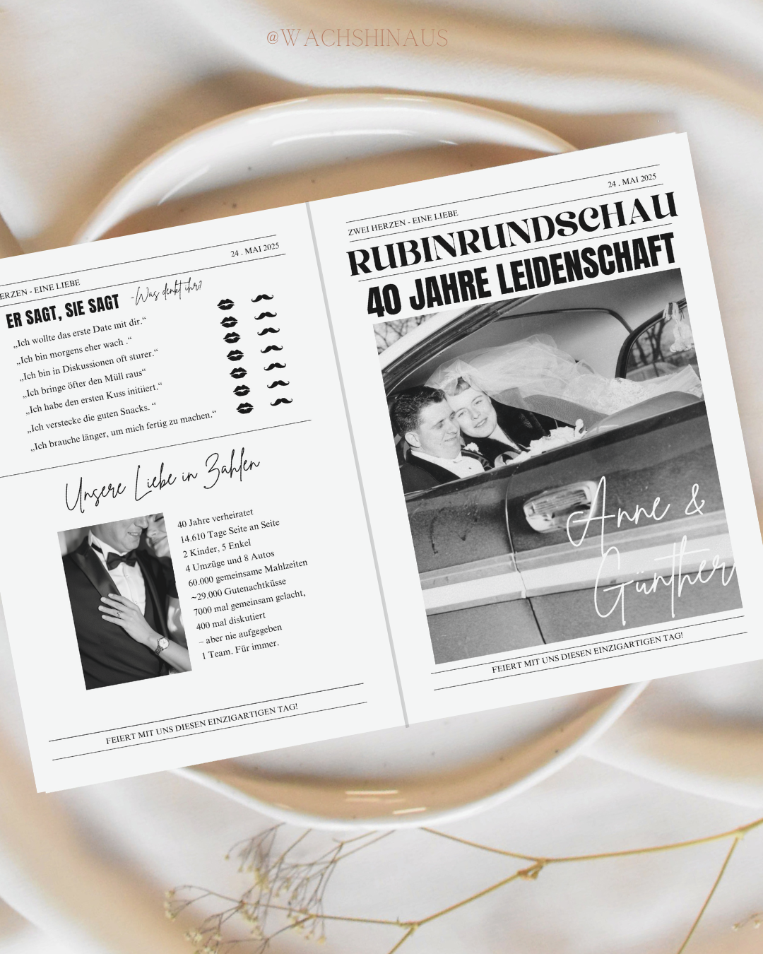 „Personalisierbare Zeitung zum Hochzeitsjubiläum – als Printable zum Bearbeiten in Canva. Perfekt als Geschenk, Tischdeko oder liebevolles Erinnerungsstück.“