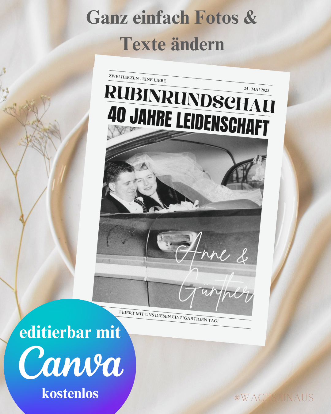 „Personalisierbare Zeitung zum Hochzeitsjubiläum – als Printable zum Bearbeiten in Canva. Perfekt als Geschenk, Tischdeko oder liebevolles Erinnerungsstück.“