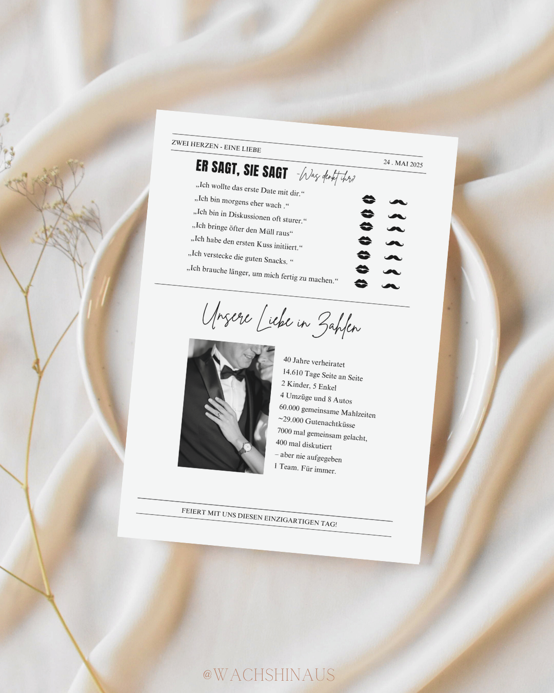 Personalisierbare Jubiläumszeitung als Canva-Vorlage – kreatives Printable zur Hochzeit oder zum Ehejubiläum mit Fotos, Geschichten und persönlichen Inhalten