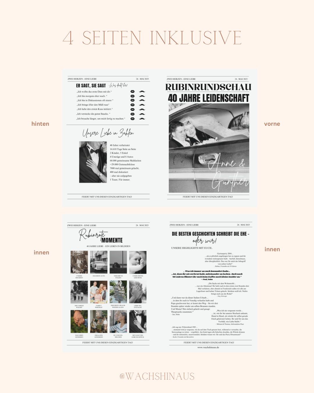 „Personalisierbare Zeitung zum Hochzeitsjubiläum – als Printable zum Bearbeiten in Canva. Perfekt als Geschenk, Tischdeko oder liebevolles Erinnerungsstück.“