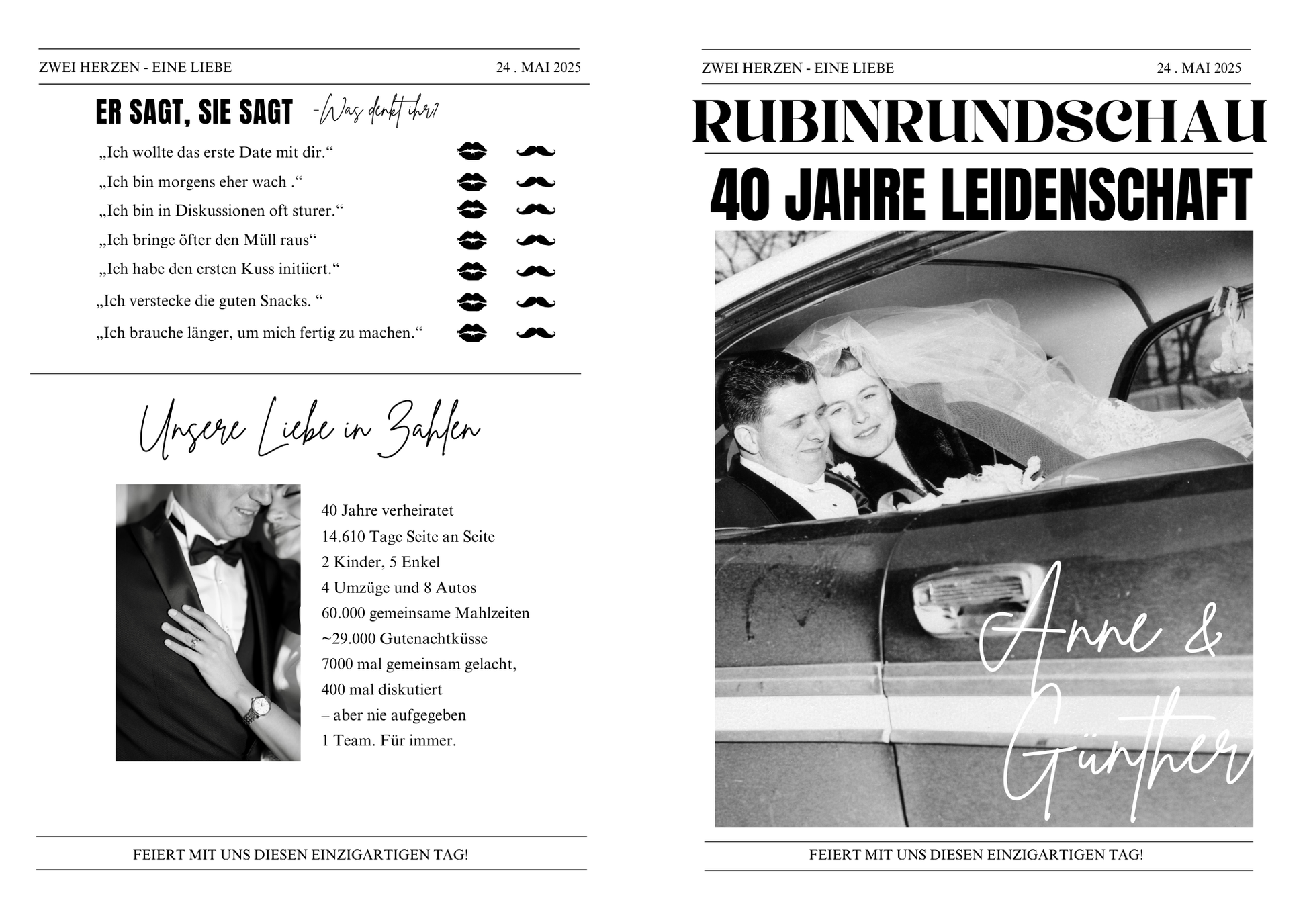 Personalisierbare Jubiläumszeitung als Canva-Vorlage – kreatives Printable zur Hochzeit oder zum Ehejubiläum mit Fotos, Geschichten und persönlichen Inhalten