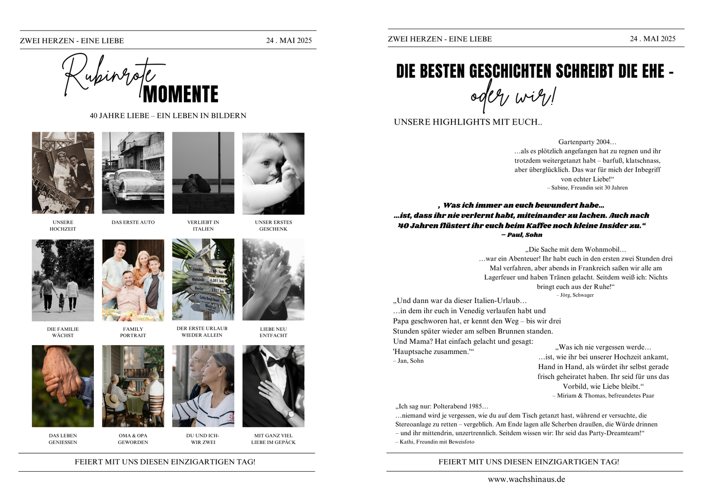 Personalisierbare Jubiläumszeitung als Canva-Vorlage – kreatives Printable zur Hochzeit oder zum Ehejubiläum mit Fotos, Geschichten und persönlichen Inhalten