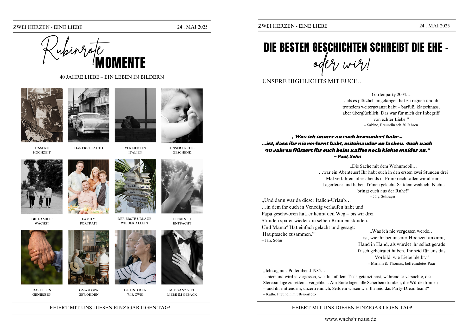 Personalisierbare Jubiläumszeitung als Canva-Vorlage – kreatives Printable zur Hochzeit oder zum Ehejubiläum mit Fotos, Geschichten und persönlichen Inhalten