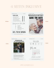 Lade das Bild in den Galerie-Viewer, save the date Hochzeitszeitung, Hochzeitseinladung, Hochzeitsideen, Zeitungsvorlage Canva template, Save the date karte, Hochzeitsinspiration
