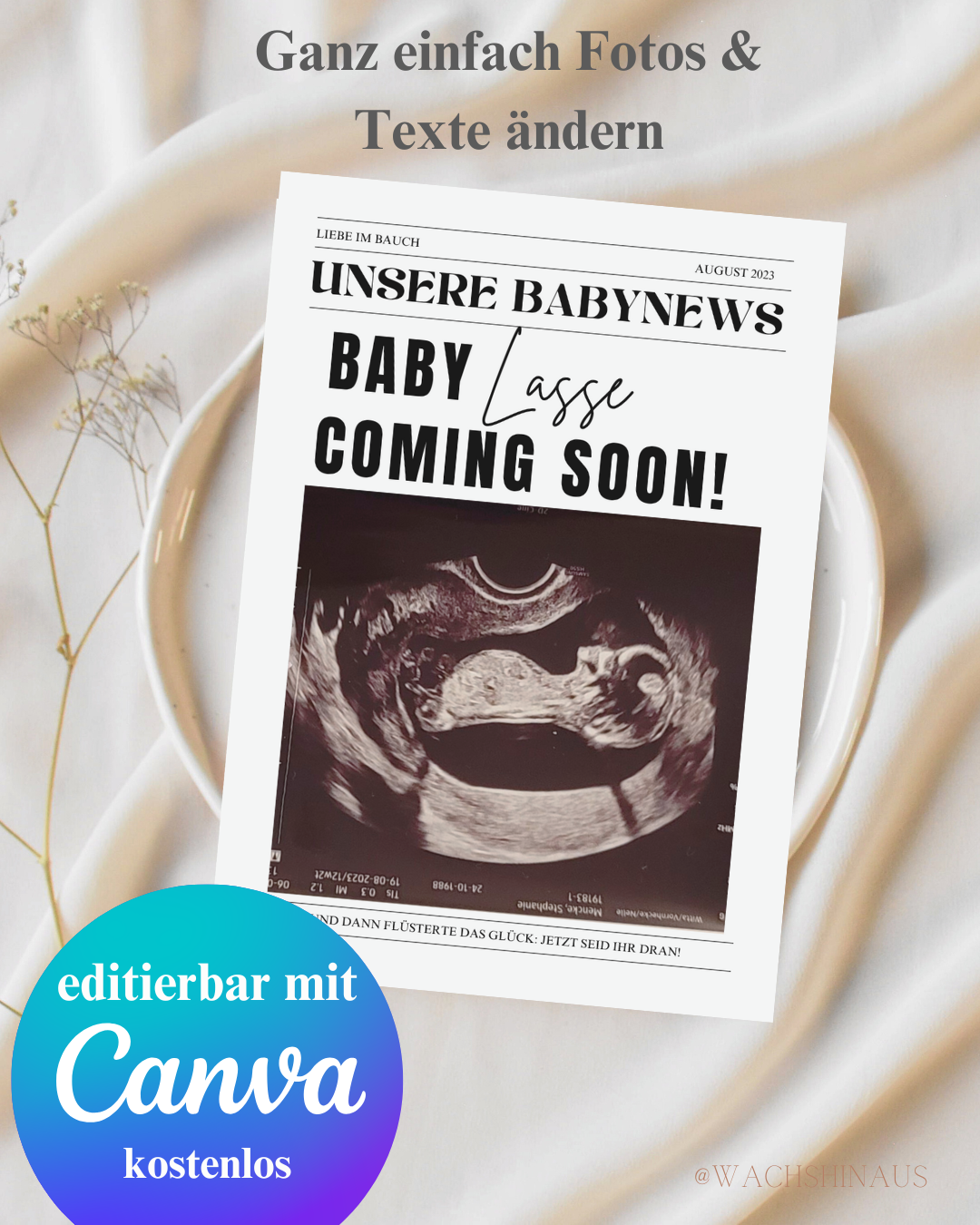 Große Schwangerschaftsankündigung, Zeitungsankündigung für neues Baby, Zeitung-Babyparty, bearbeitbare Canva-Vorlage, Wachshinaus, Babyparty, Zeitung, Hochzeitszeitung