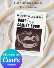 Lade das Bild in den Galerie-Viewer, Große Schwangerschaftsankündigung, Zeitungsankündigung für neues Baby, Zeitung-Babyparty, bearbeitbare Canva-Vorlage, Wachshinaus, Babyparty, Zeitung, Hochzeitszeitung
