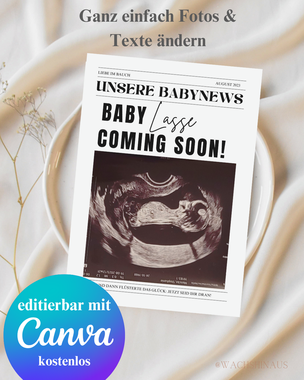 Große Schwangerschaftsankündigung, Zeitungsankündigung für neues Baby, Zeitung-Babyparty, bearbeitbare Canva-Vorlage, Wachshinaus, Babyparty, Zeitung, Hochzeitszeitung