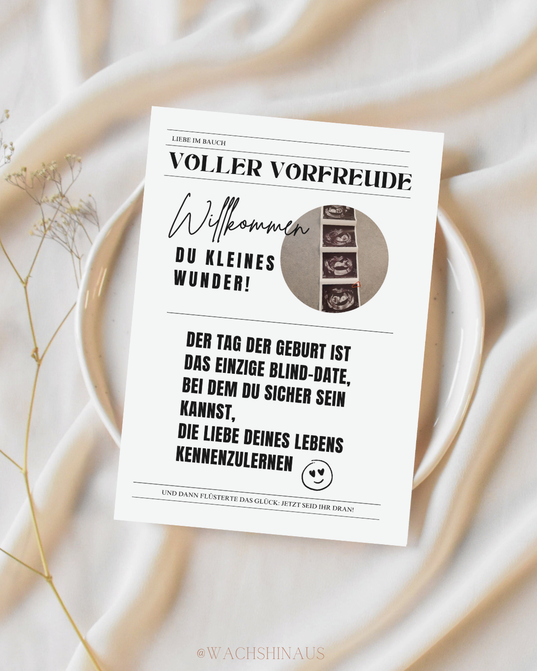 Große Schwangerschaftsankündigung, Zeitungsankündigung für neues Baby, Zeitung-Babyparty, bearbeitbare Canva-Vorlage, Wachshinaus, Babyparty, Zeitung, Hochzeitszeitung