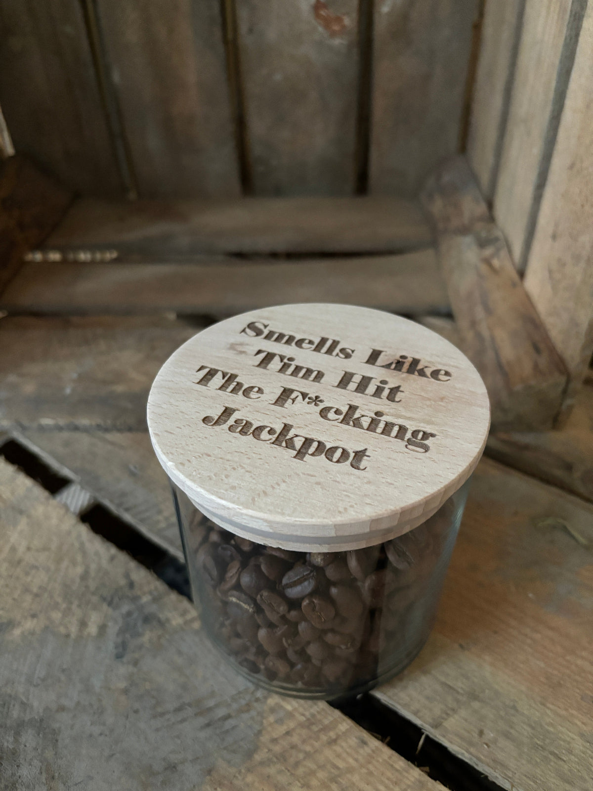 Vorratsglas mit Namen Unterschriften personalisiert als Geschenk für Lehrer, Erzieher oder Tagesmutter, Vorratsgeschenk mit Gravur aus Holz zur Hochzeit, Hochzeitsgeschenk