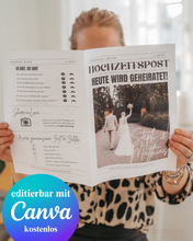 Lade das Bild in den Galerie-Viewer, save the date Hochzeitszeitung, Hochzeitseinladung, Hochzeitsideen, Zeitungsvorlage Canva template, Save the date karte, Hochzeitsinspiration
