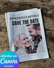 Lade das Bild in den Galerie-Viewer, save the date Hochzeitszeitung, Hochzeitseinladung, Hochzeitsideen, Zeitungsvorlage Canva template, Save the date karte, Hochzeitsinspiration
