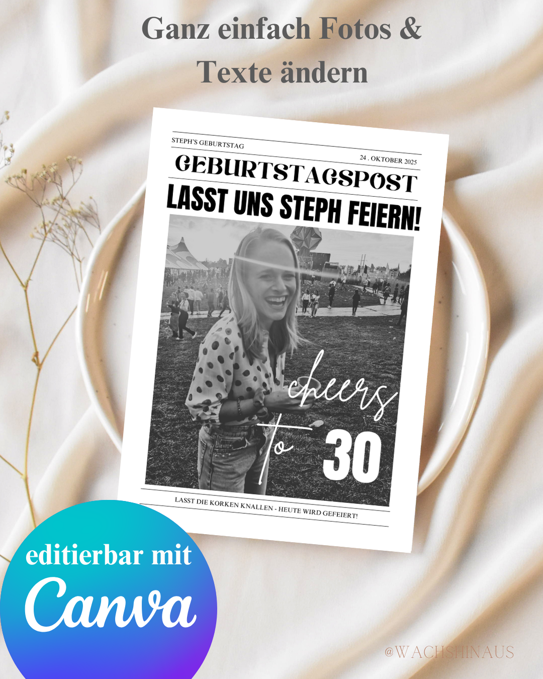 Geburtstagszeitungsvorlage, benutzerdefinierte Zeitung zum Geburtstag-dreißigster Geburtstag, vierzig, fünfzig, Canva Vorlage, Namensposter, 30. Geburtstag