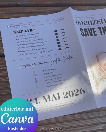 save the date Hochzeitszeitung, Hochzeitseinladung, Hochzeitsideen, Zeitungsvorlage Canva template, Save the date karte, Hochzeitsinspiration