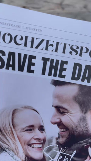 save the date Hochzeitszeitung, Hochzeitseinladung, Hochzeitsideen, Zeitungsvorlage Canva template, Save the date karte, Hochzeitsinspiration